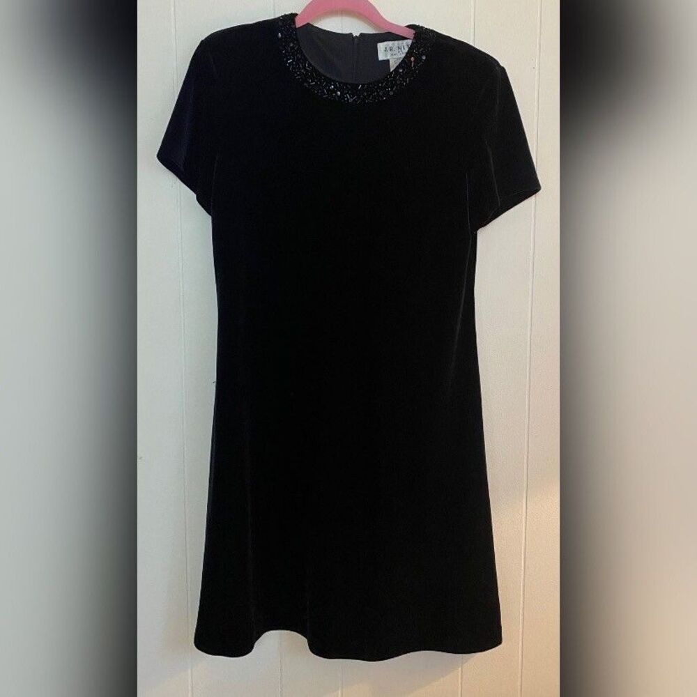 J.R. Nites By Caliendo Dress Women’s 12 Black Velvet Bugle Beads Stretch Vintage